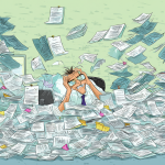 Ilustración de un desarrollador frustrado en su oficina rodeado de papeles y código, simbolizando la tensión laboral.