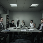 Sala de oficinas gris y tensa donde las personas evitan mirarse entre sí.