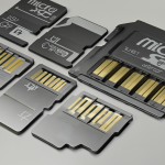 Detailed technical close-up of various microSD card types with visible labels like microSDXC, UHS-I, Class 10, U1, and A2, highlighting the metallic contacts at the bottom.