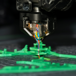 Close-up of an FDM 3D printer nozzle extruding filament with green support structures visible on the print bed, ready to be peeled off. High-quality lighting.