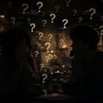 Two silhouettes facing each other in a tea shop, separated by visual glitch effects representing communication confusion.