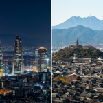 Vista dividida mostrando el horizonte moderno de Seúl a la izquierda y un paisaje tradicional japonés a la derecha.