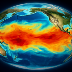 Mapa global mostrando corrientes atmosféricas en movimiento y olas de calor, destacando el calentamiento del Pacífico.