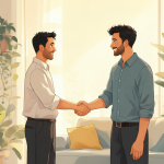 Dos personas estrechando la mano en un entorno moderno, representando la estabilidad del arriendo sin reajustes.