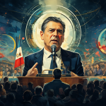 Retrato de un político chileno discutiendo política económica con gráficos al fondo