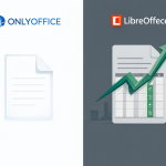 Una comparativa gráfica mostrando los logos de ONLYOFFICE y LibreOffice lado a lado en un diseño de software moderno.