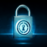 Ilustración de un candado electrónico sobre el logo de Microsoft