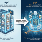Diagrama comparativo mostrando las diferencias entre los gestores de paquetes apt y pip en Python, destacando el uso de entornos virtuales para evitar conflictos.