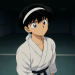Retrato detallado de Ryoga Hibiki en su gimnasio de entrenamiento con una expresión de rigidez mental y confusión profunda.