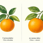 Diagrama mostrando las diferencias botánicas entre mandarinas y naranjas.