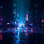 Vista nocturna futurista con lluvia y luces de neón brillantes en un entorno urbano cyberpunk.