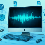 Ilustración de una computadora grabando audio automáticamente con protección ante cortes de energía.