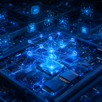 Ilustración digital detallada de un entorno de computación moderna donde la inteligencia artificial avanzada funciona enteramente en unidades de procesamiento central.