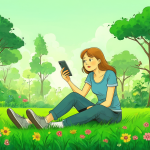Persona sentada en el césped mirando su teléfono móvil mientras se desconecta del mundo digital.