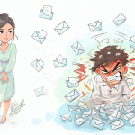 Ilustración mostrando la transformación de un correo formal a uno agresivo en el entorno laboral