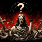 Illustration of Jesus surrounded by broken symbols representing a controversial critique of religious fanaticism.