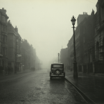 Una calle londinense neblinosa en los años 50 con adoquines y coches antiguos.