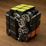 Un cubo Gear con engranajes visibles sobre una superficie de trabajo.