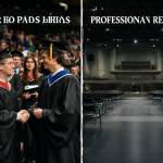 A split composition contrasting the vibrant tech boom with iconic dropouts against an empty academic setting, highlighting the tension between viral myths and professional reality.