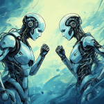 Dos inteligencias artificiales saludándose mutuamente en un fondo digital.