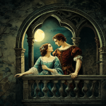 Ilustración de la escena del balcón de Romeo y Julieta bajo la luz de la luna