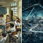 Collage artístico mostrando escenas de dos animes olvidados, contrastando un entorno escolar con uno futurista.