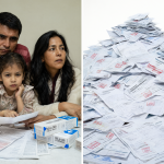 Composición dividida mostrando el impacto financiero sobre familias chilenas y documentos de deuda acumulada.