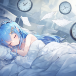 Ilustración de Rem durmiendo profundamente mientras pasan los años a su alrededor.
