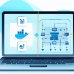 Pantalla dividida mostrando los pros y contras de Docker junto a su arquitectura WSL2 compartida.