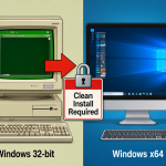 Ilustración comparativa mostrando la diferencia visual entre una arquitectura de 32 bits y una de 64 bits, con un icono de candado indicando que se requiere una instalación limpia para el salto.