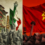 Ilustración dividida mostrando los símbolos y conceptos clave del fascismo a la izquierda y del comunismo a la derecha.