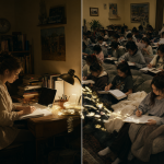 Imagen dividida mostrando la conexión entre un autor original y los fans que escriben historias similares.