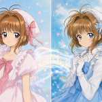 Illustration of Sakura Kinomoto bridging two different versions of herself to show the hybrid continuity.