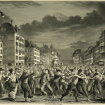 Ilustración del baile masivo histórico en las calles.
