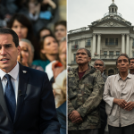 Imagen dividida mostrando un político hablando y contrastando visualmente una familia humilde con símbolos de gran riqueza para representar el debate social.