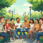 Ilustración que contrasta aplicaciones de citas frías con grupos sociales reales en Temuco.