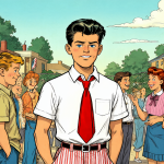 Retrato de Archie Andrews con su uniforme clásico y corbata roja, rodeado de estudiantes en un patio soleado.