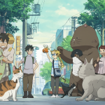 Ilustración de personajes felinos del anime Sketchbook interactuando en una escena urbana.
