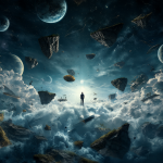 Vista surrealista de un humanoide mirando hacia arriba en el espacio, rodeado de nubes y formas imposibles.