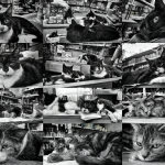 Varios gatos negros y blancos descansando sobre mostradores, cajas y estanterías dentro de una tienda de conveniencia neoyorquina.