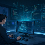 Un desarrollador humano utilizando herramientas de IA para generar código y diseñar arquitecturas, simbolizando el futuro híbrido del desarrollo de software.