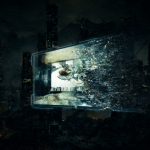 Vista abstracta de una ciudad futurista en ruinas, con una pantalla holográfica brillante mostrando un antiguo tráiler de película que se desvanece en estática digital.