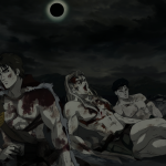 Guts y Casca heridos bajo el Eclipse en el anime Berserk