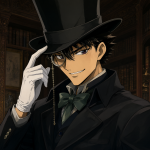 Retrato del ladrón Kaito Kid en su traje clásico sobre un fondo de biblioteca