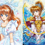 Ilustración mostrando a los protagonistas de Magic Knight Rayearth y su secuela.