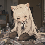 Ilustración de la protagonista Yaniko sentada en un suelo desordenado rodeada de basura y objetos abandonados, con una expresión cansada y autodestructiva.