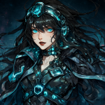 Retrato estilizado del personaje principal de Exaella con estética cyberpunk
