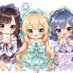 Tres idols femeninas con sus mascota chibi