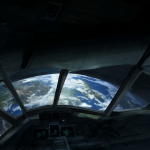 Vista cinematográfica del interior de una nave espacial futurista con la Tierra visible al fondo, ilustrando las distancias cósmicas y el aislamiento emocional central en este anime de 2002.