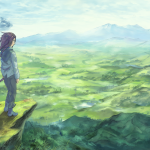 Protagonist from the anime looking over a scenic fantasy landscape